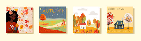 Set of square posters with autumn cards. Dear hills houses. Black woman with flowers. Invitation, sale, or magazine and book cover.のイラスト素材