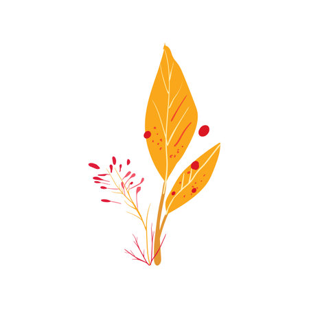 Hand drawn branch with yellow leaves and red berries. Simple plant design. Flat vector illustration. Icon.のイラスト素材