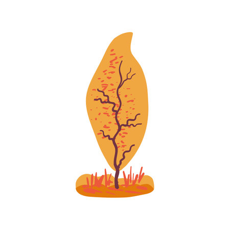 Hand drawn yellow tree with autumn texture and orange tones. Simple design with grass. Flat vector illustration. Icon.のイラスト素材