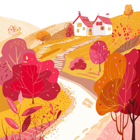 Autumn poster with cute white houses under a tiled roof on a hill with yellow fields. Hand drawn vector illustration. Red and orange trees by the road. Leaf fall. Print on textiles, notebooks andのイラスト素材