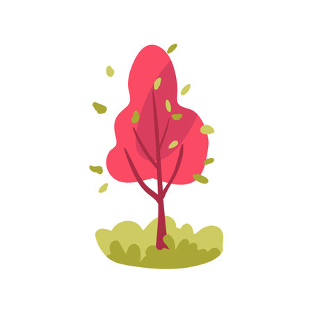 Hand drawn tree icon. Simple design with raspberry and green grass colors. Flat vector illustration. Clean and decorative.のイラスト素材