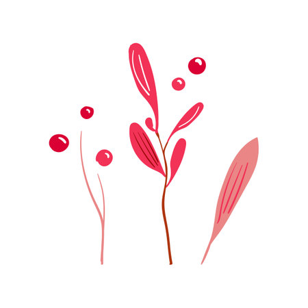 Hand drawn branch with red and raspberry berries. Simple plant design. Flat vector illustration. Clean and decorative.のイラスト素材