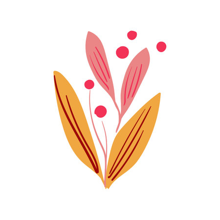 Hand drawn branches with pin yellow leaves, and berries. Flat vector illustration. Clean and decorative.のイラスト素材