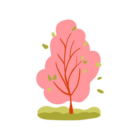 Hand drawn tree icon. Simple design with pink, green grass, and autumn leaves. Flat vector illustration. Spring theme.のイラスト素材