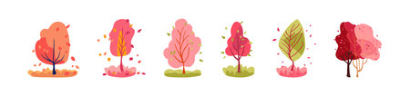 Botanical autumn set of trees. Decorative pink and orange plants, green and burgundy folk trees. Isolated vector white backgroundのイラスト素材