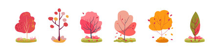 Botanical set of green and red trees. Lush yellow and pink folk foliage. Isolated vector white backgroundのイラスト素材