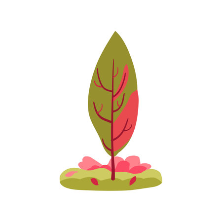 Hand drawn cypress tree in pink and green with leaves and grass. Autumn and spring themes. Simple design. Flat vector illustration. Iconのイラスト素材