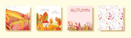 Set of posters autumn landscape Hand drawn White house with a red roof. Fields on the hills. Seamless pattern for covers or wrapping paper. Print on a postcard, poster or wallpaper. Vectorのイラスト素材