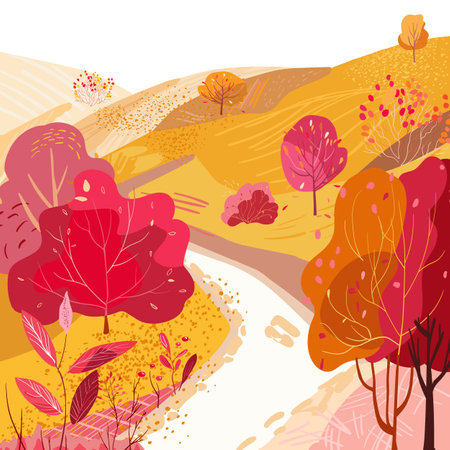 Autumn poster with a cute landscape. Hill with yellow fields. Hand drawn vector illustration. Red and orange trees by the road. Harvest. Textured flat illustration for Printing on wrapping paperのイラスト素材