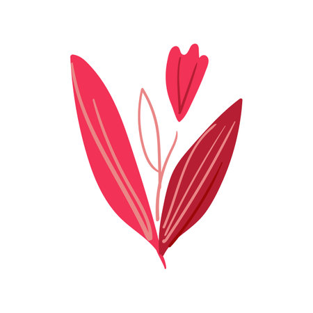 Hand drawn red stylized tulip with red leaves. Simple plant design. Flat vector illustration. Icon.のイラスト素材