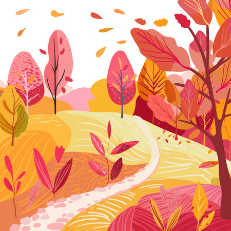 Autumn poster with a cute landscape. Hill with a clearing near the forest. Hand drawn vector illustration. Red trees and plants near the road. Printing on clothes, stationery and tableware. Texturedのイラスト素材