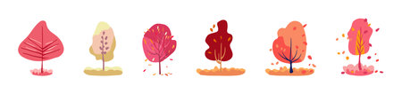 Autumn set of decorative pink and red trees. Multicolored bright botanyfolk. Isolated vector white backgroundのイラスト素材