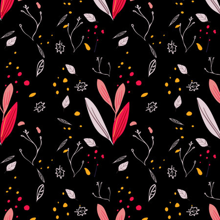 Autumn seamless pattern on a black background with pink leaves and branches. Perfect for packaging, stationery, and digital designs. Bold and modern autumn touch.のイラスト素材