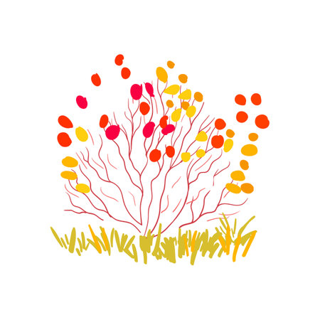Hand drawn bush with thin branches in red and yellow. Simple design. Flat vector illustration. Icon planrのイラスト素材