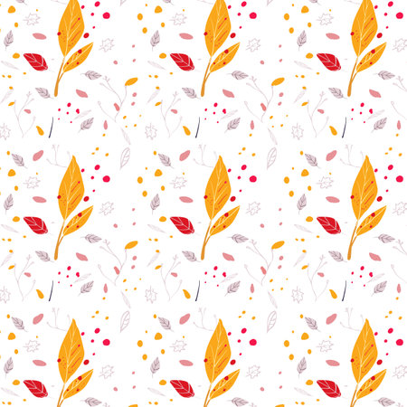 Autumn seamless pattern on a white background with pink and yellow leaves and branches. Suitable for decor, stationery, and gift wrapping. Cheerful and lively autumn look.のイラスト素材