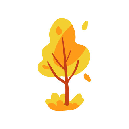 Hand drawn yellow tree with red leaves and grass. Simple design. Flat vector illustration. Icon plantのイラスト素材