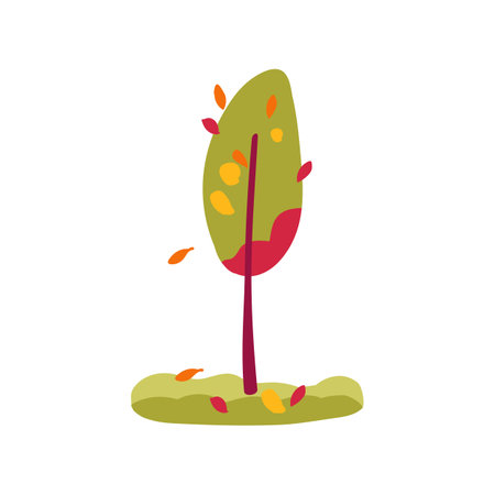 Hand drawn tree in red and green with leaves and grass. Simple design. Flat vector illustration. Icon plantのイラスト素材