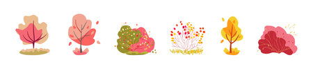 Autumn set of decorative bushes with thin branches of pink and red trees. Leaf fall folk. Multi-colored bright plants. Branched bush. Isolated vector white backgroundのイラスト素材