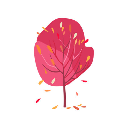 Hand drawn trees with pink, red, and yellow branches and leaves. Texture. Flat vector illustration. Iconのイラスト素材