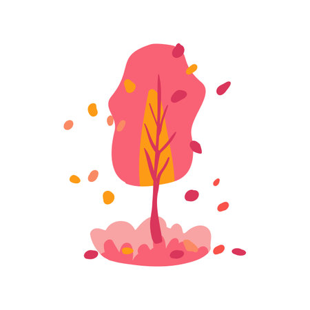 Hand drawn tree with red, pink, and orange colors. Autumn leaves. Simple design. Flat vector illustration. Spring theme. Icon.のイラスト素材
