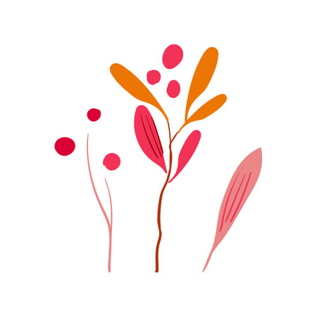 Hand drawn branch with yellow and red leaves and red berries. Simple design. Flat vector illustration. Iconのイラスト素材