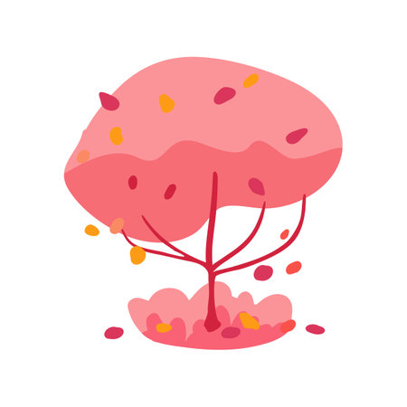 Hand drawn pink tree with coral and red leaves and grass. Simple design. Flat vector illustration. Icon plantのイラスト素材
