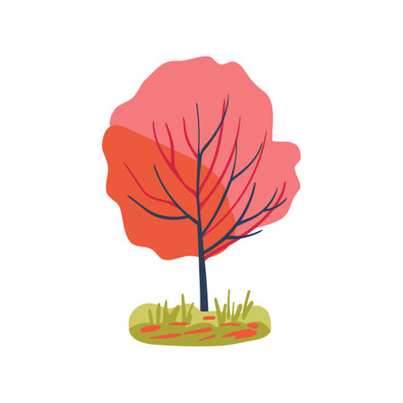 Hand drawn tree with coral and red leaves and grass. Simple design. Flat vector illustration. Icon plantのイラスト素材