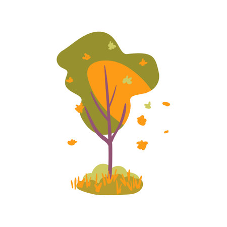 Hand drawn tree with pink and orange branches and green grass. Simple design. Flat vector illustration. Icon. plantのイラスト素材