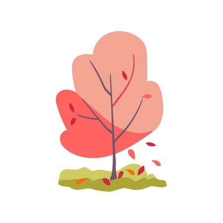 Hand drawn pink tree with coral and red leaves and grass. Simple design. Flat vector illustration. Botanical Iconのイラスト素材