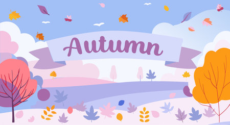 A vibrant vector illustration of an autumn landscape featuring colorful trees, falling leaves, and a banner with the word Autumn. Perfect for seasonal designs and fall-themed projects.のイラスト素材