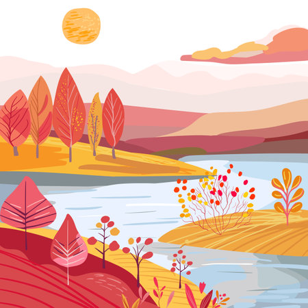 Autumn landscape with river and folk hills. Yellow island on the lake. Red pink plants, bushes. Square poster postcard. Hand drawn, Flat folk vectorのイラスト素材