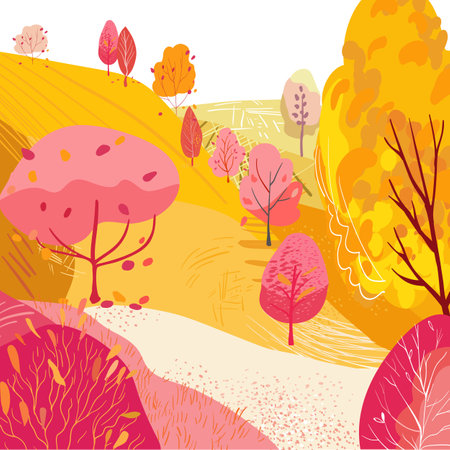 Hill with roadside bushes and dirt road. Autumn park. Hand drawn vector illustration. Lifestyle. Place for relaxation and walks. Textured flat illustration. Template for postcard, poster and tourismのイラスト素材