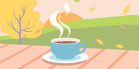 A simple and clean vector illustration depicting a steaming cup of coffee placed on a terrace, with a beautiful autumn landscape in the background.のイラスト素材
