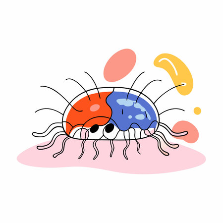 A whimsical vector illustration featuring a cute, multi-legged insect in bright colors. The playful design and cheerful expression make it perfect for childrens media and creative projects.のイラスト素材