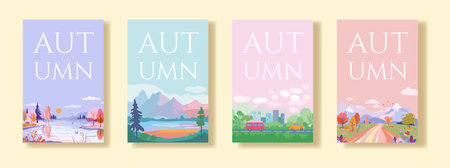 A collection of four vector posters, each featuring a different autumn-themed landscape. The posters display scenes of nature with trees, mountains, and roads, using a flat design style and soft colorのイラスト素材