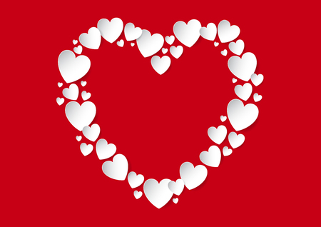 Valentines Day Heart flat lay with white vector paper hearts on red background. Love concept and copy space.のイラスト素材
