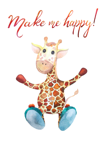 Watercolor illustration with caligraphic writing. Funny giraffeの写真素材