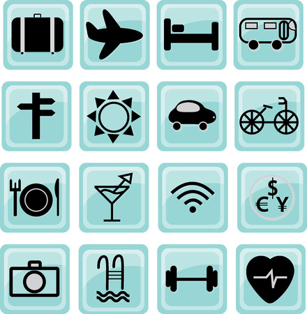 Hotel and Hotel Services Icons. Travel icons with blue backgroundのイラスト素材