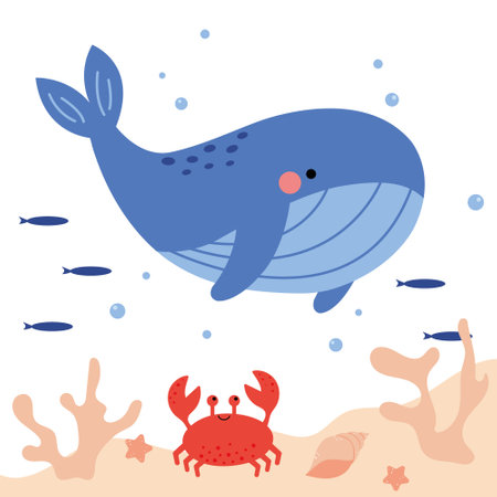 Cute cartoon undersea world. Deep Ocean or sea with fish, crab, whales, stars, aquatic plants. vector illustrationのイラスト素材