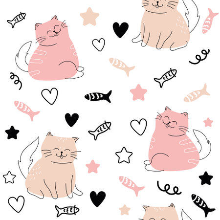 Seamless pattern with funny cats, cat food and fish on a white background. Vector illustration of cute catsのイラスト素材