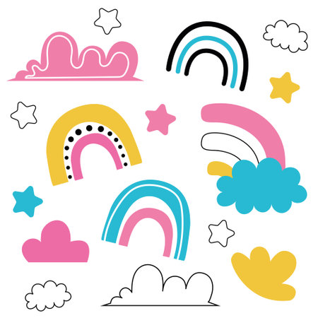 Set of cute colorful rainbows and clouds. Collection of baby flat vector illustrations. weather forecast, meteorology. Rainy clouds and stars, dangers on a white background.のイラスト素材