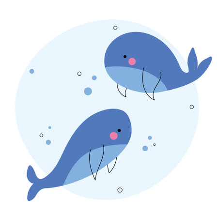 cute whales. Cute ocean animal characters. vector illustration. Cartoon whale sketch line icon. Childish print for nursery, kids apparel, poster, postcard, pattern.のイラスト素材