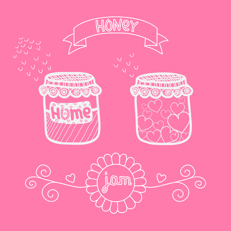 Vector jar with stickers and ribbon. Homemade jam, honeyのイラスト素材