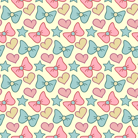 Cute vector seamless pattern with bows, hearts and stars. Retro girlish hand drawn background.のイラスト素材