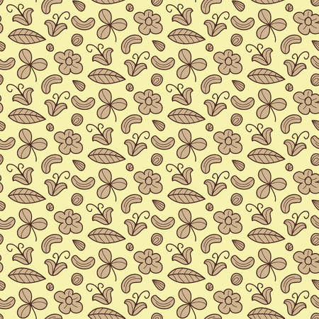 Floral vector seamless pattern with flower, nut, clover, leaf. Forest items natural background. Endless texture.のイラスト素材