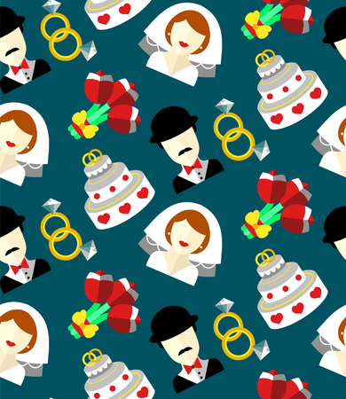 Wedding vector seamless pattern with bride, groom, cake, flowers, rings. Newlyweds endless background in flat style.のイラスト素材