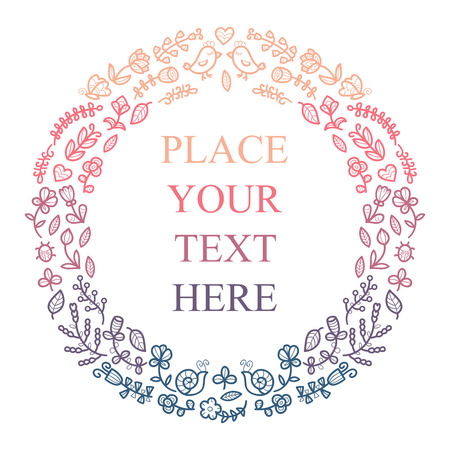 Floral frame for your text. Cute flowers, birds etc arranged in a shape of the wreath for wedding, birthday invitations.のイラスト素材