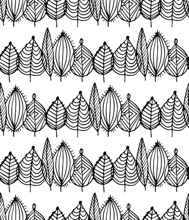 Black and white crossed leaves seamless pattern. Green foliage endless background in sketch style.のイラスト素材