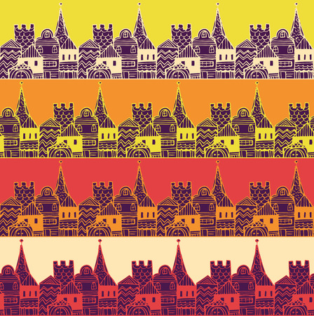 Old town with tower and  seamless pattern. Middle age fairy city endless texture.のイラスト素材