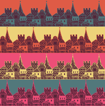 Old town with tower and  seamless pattern. Middle age fairy city endless texture.のイラスト素材